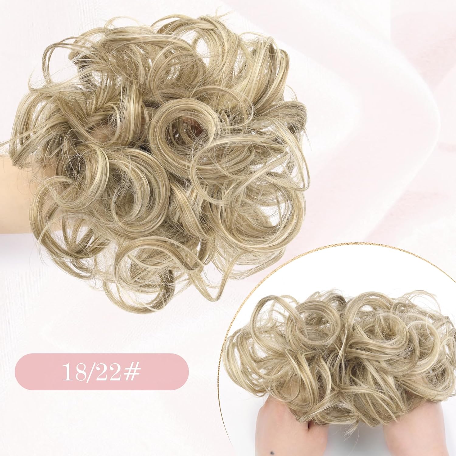 Vlasy messy bun hair piece for women in light blonde with textured curls for easy styling