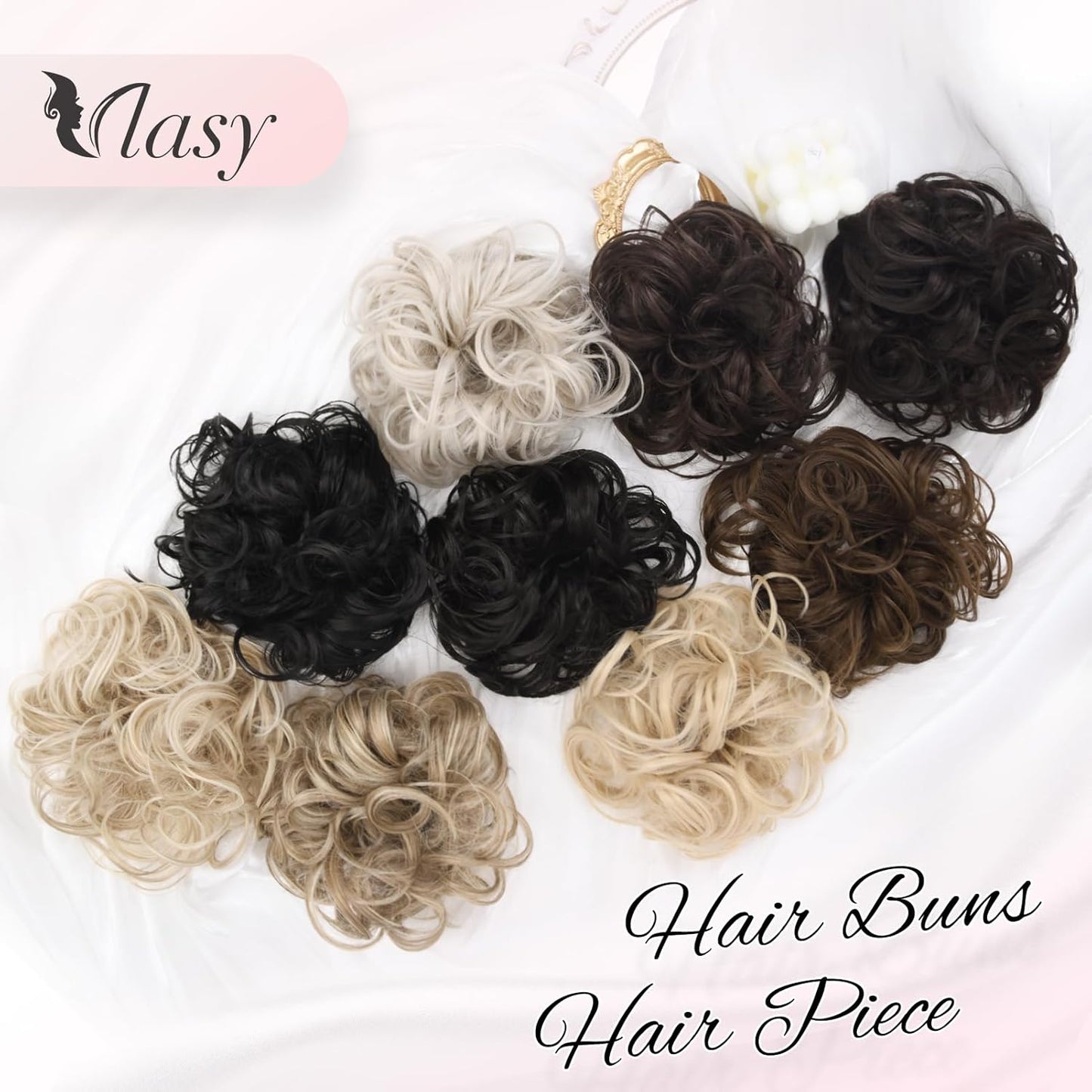 Various colourful messy bun hair pieces for women displayed for versatile styling options