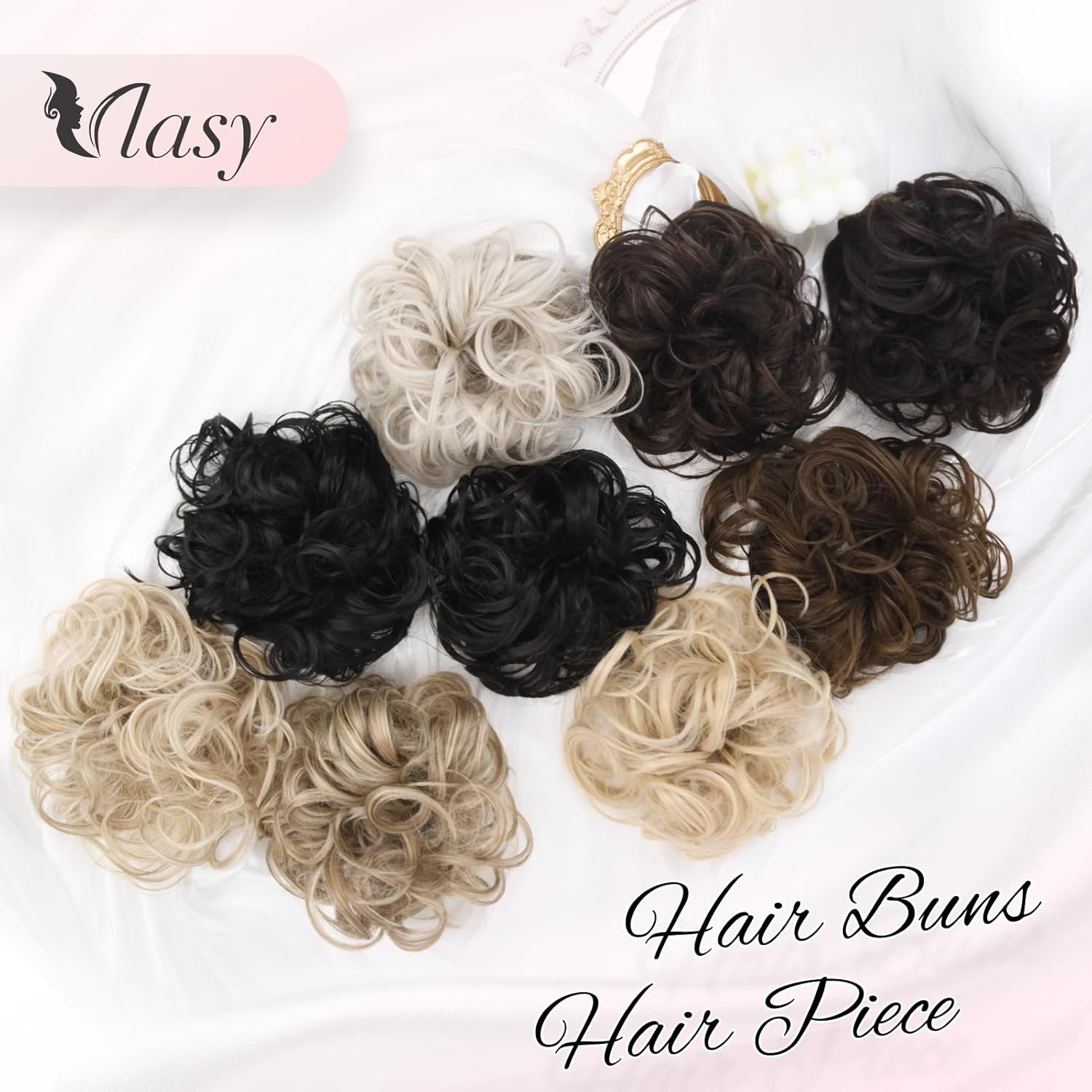 Various colourful messy bun hair pieces for women displayed for versatile styling options