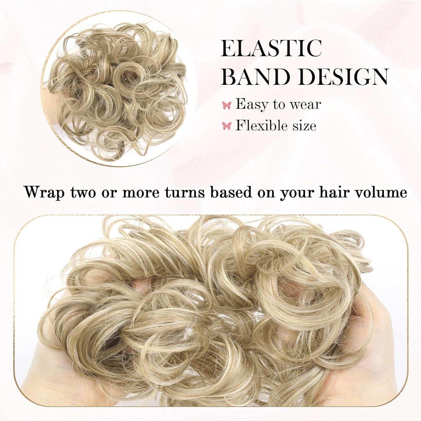Messy bun hair piece for women in blonde with elastic band design for easy wear and flexible fit