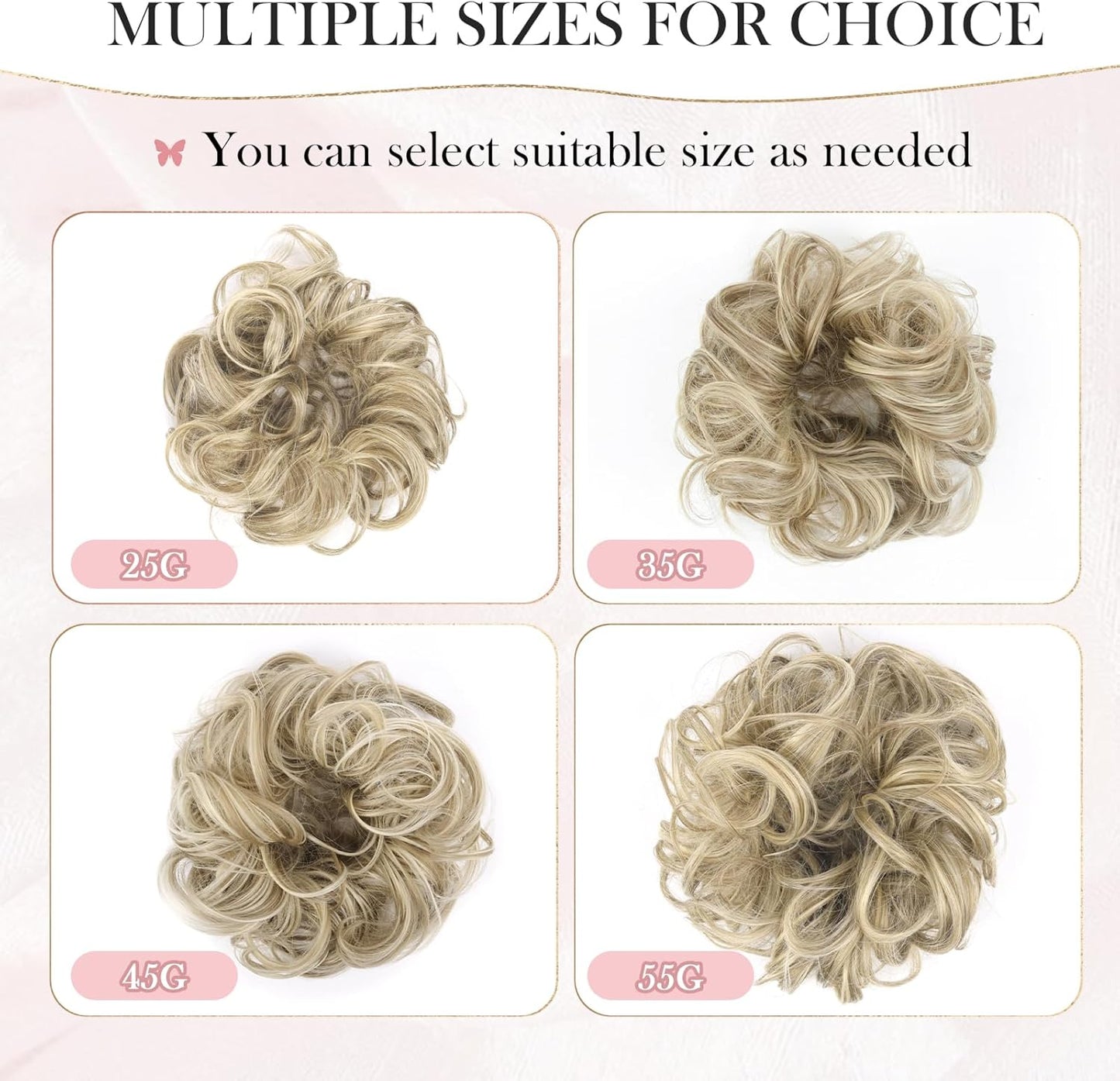 Multiple sizes of Vlasy messy bun hair piece for women in blonde shades for versatile styling options