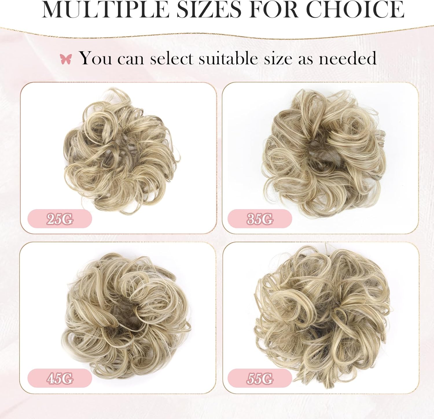 Multiple sizes of Vlasy messy bun hair piece for women in blonde shades for versatile styling options