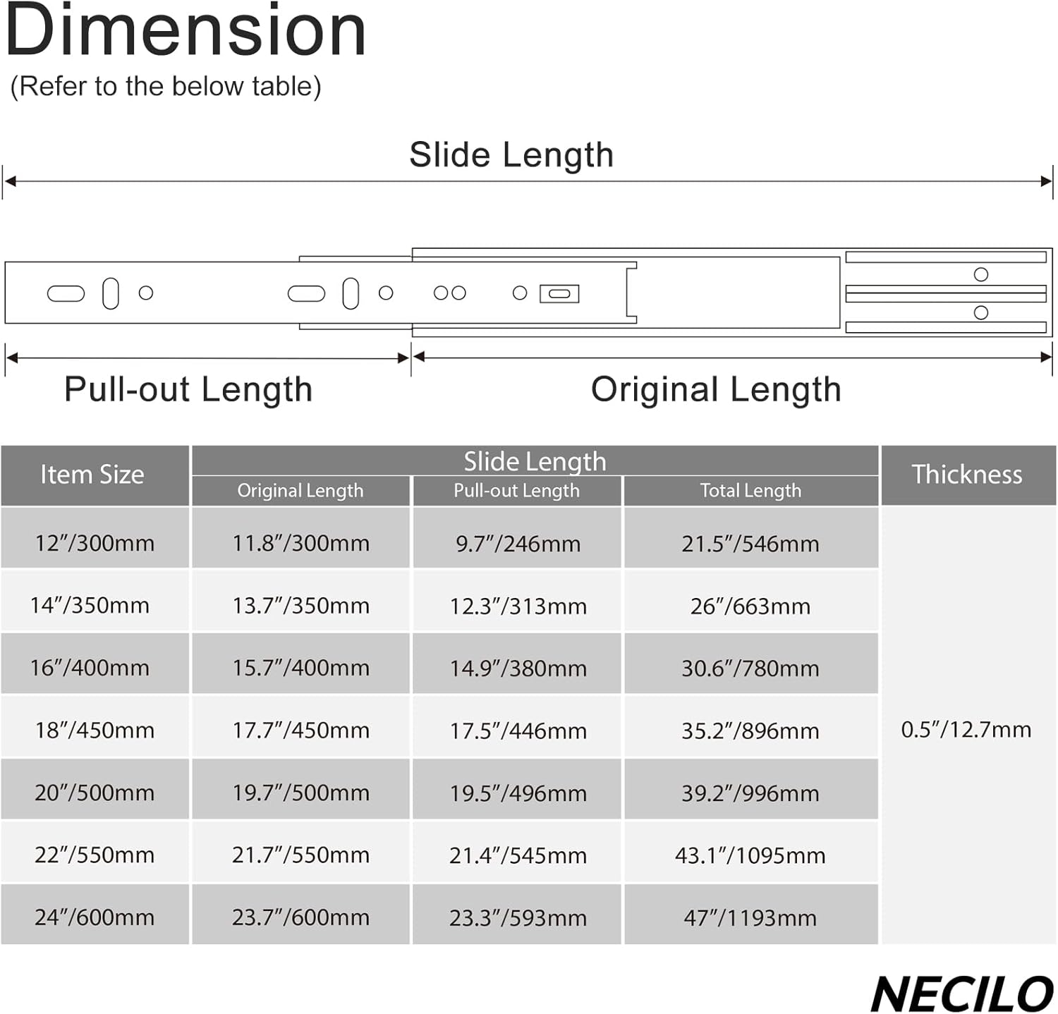 Necilo Homeware Dimension Guide for Drawer Slides with Various Lengths and Thickness Options