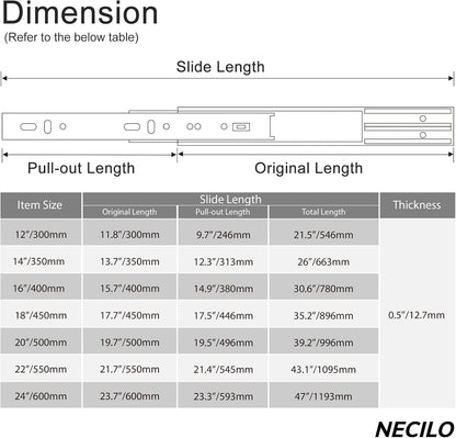 Necilo Homeware Dimension Guide for Drawer Slides with Various Lengths and Thickness Options