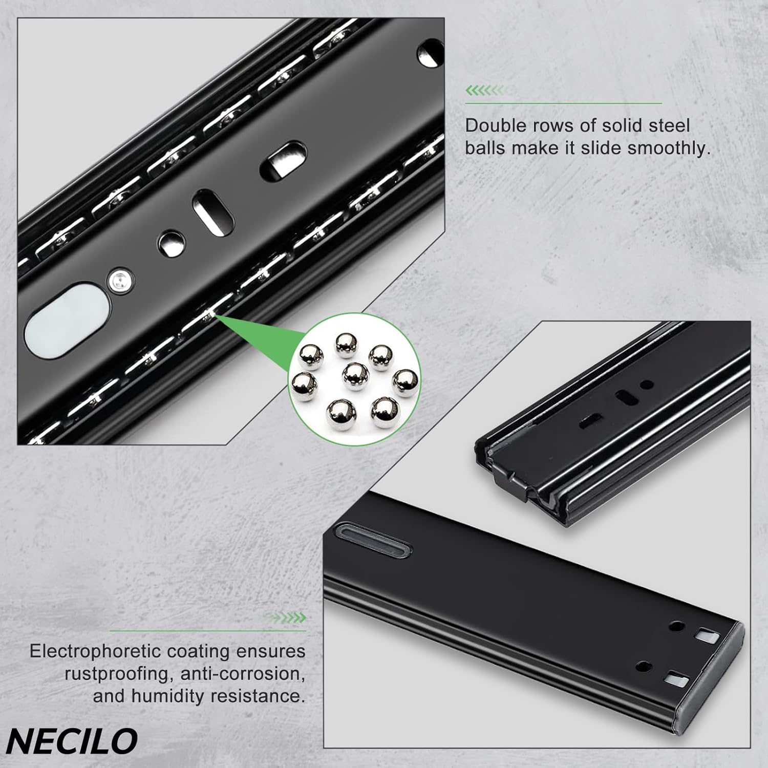 Necilo Heavy-Duty Drawer Slides with Solid Steel Balls for Smooth Motion and Rust Resistance