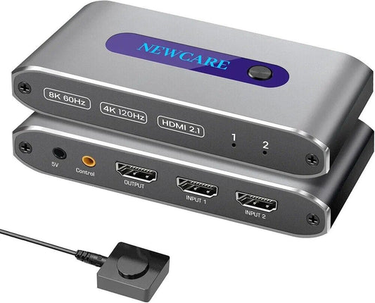 Newcare 8K HDMI switch 2 in 1 out silver HDMI 2.1 box with two inputs one output and external remote control