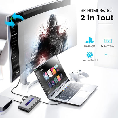 Newcare 8K HDMI switch 2 in 1 out connecting laptop, gaming controller and curved monitor
