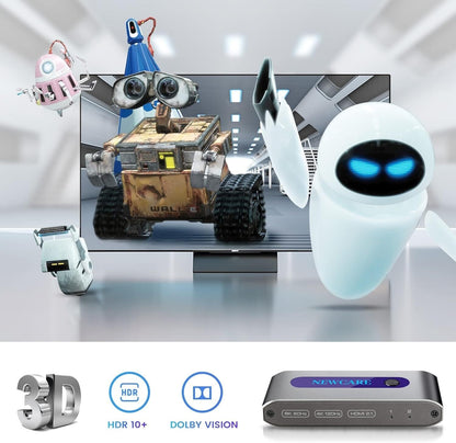 Newcare 8K HDMI switch 2 in 1 out beside TV showing animated robots with 3D HDR10 Plus and Dolby Vision icons
