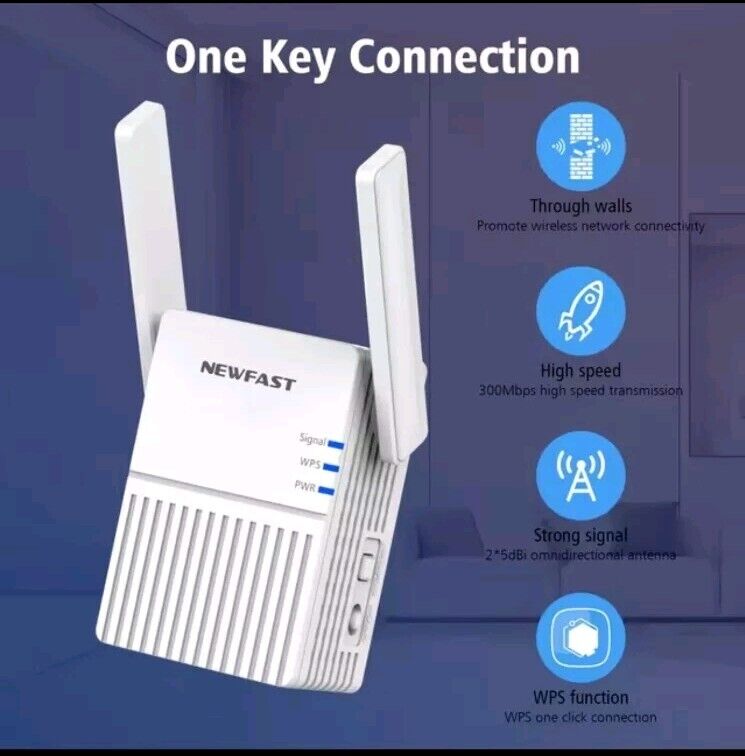 NEWFAST WiFi repeater 2.4GHz 300Mbps with strong signal and one key connection for improved connectivity