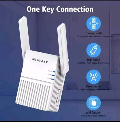 NEWFAST WiFi repeater 2.4GHz 300Mbps with strong signal and one key connection for improved connectivity