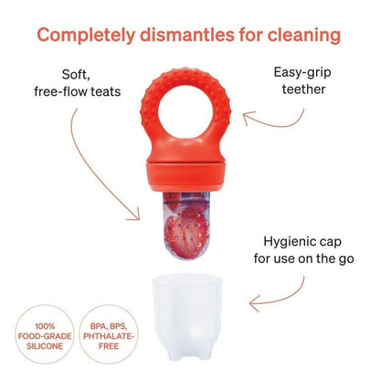 Baby food pacifier feeder with soft teats and easy-grip teether for hygienic feeding on the go