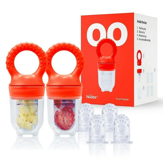 Set of baby food pacifier feeders with red handles and transparent containers for safe fruit feeding