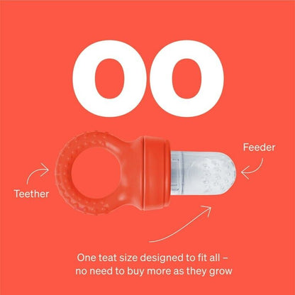 Flexible baby food pacifier feeder with teether ring for easy handling during feeding