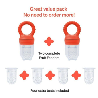 Two orange baby food pacifier feeders with four extra teats included for convenient feeding