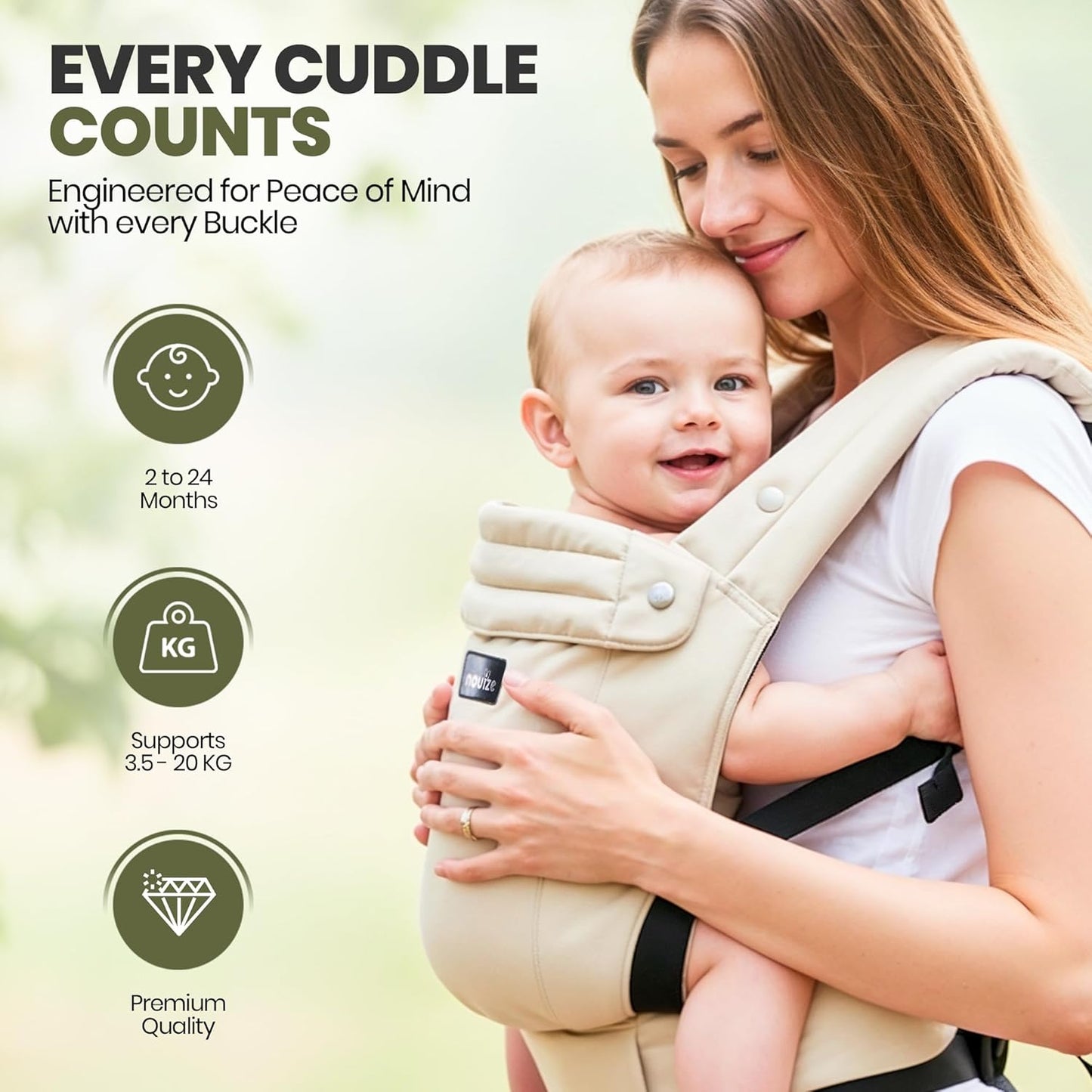 Nouize ergonomic baby carrier for newborns and toddlers, designed for comfort and support up to 20 kg.