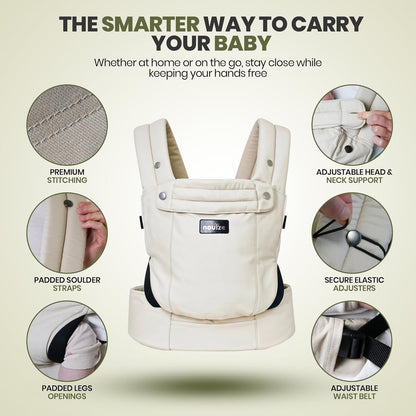 Nouize ergonomic baby carrier for newborns and toddlers featuring adjustable straps and padded legs