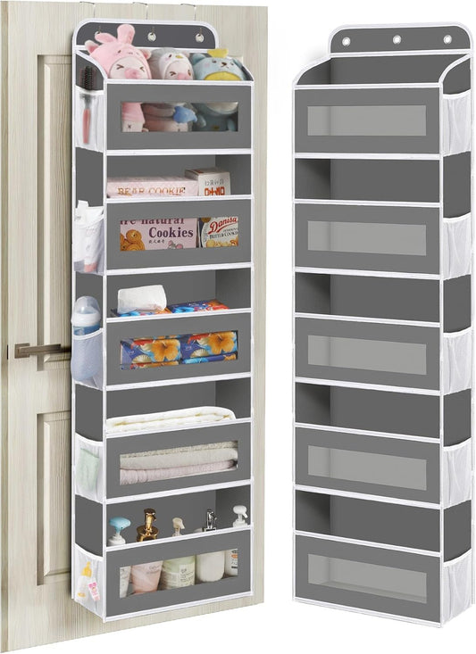 KYEVIS nursery over the door organiser in grey with multiple storage pockets for baby essentials