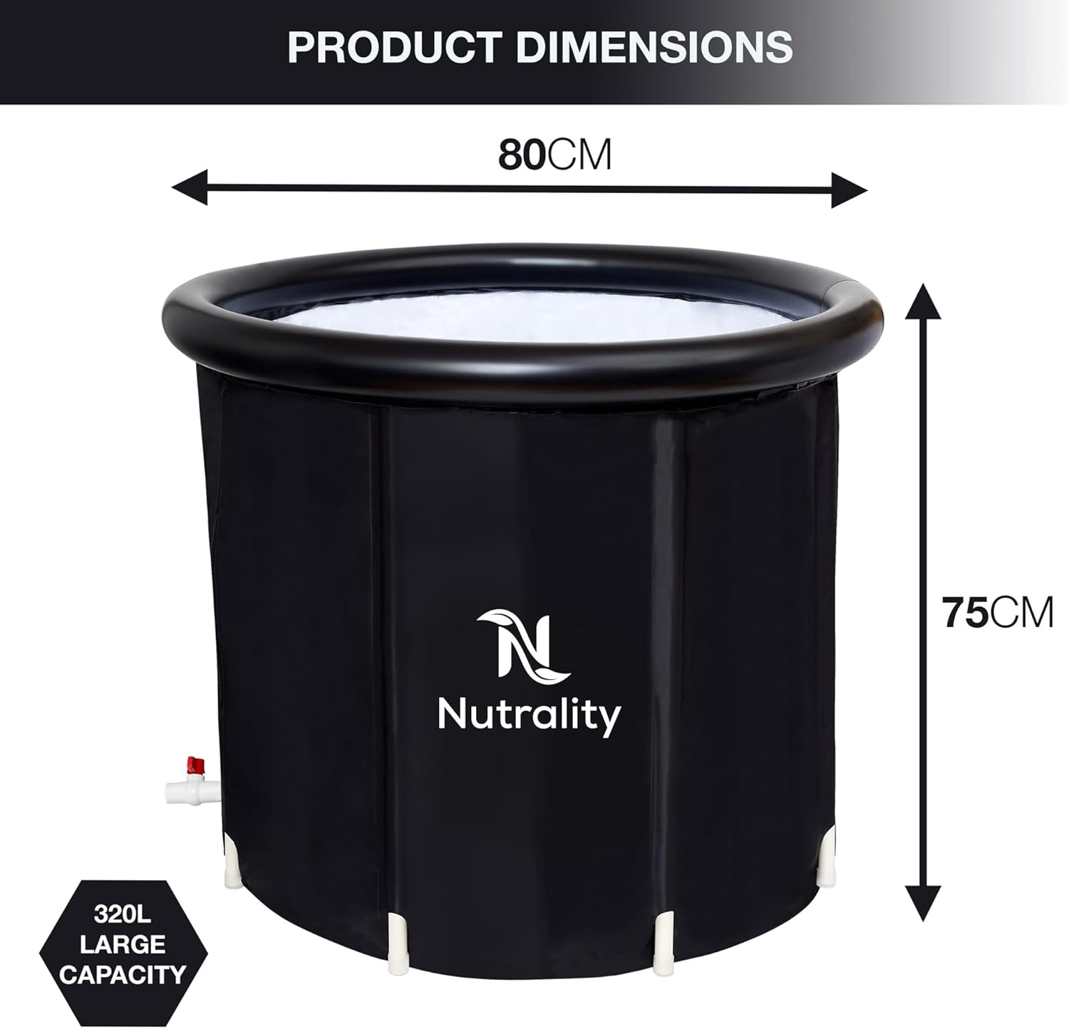 Nutrality 320L cold water therapy tub with a large capacity, measuring 80cm wide and 75cm tall