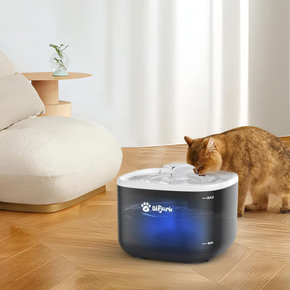 Olfjurk automatic pet water fountain with a cat drinking water in a modern living room setting