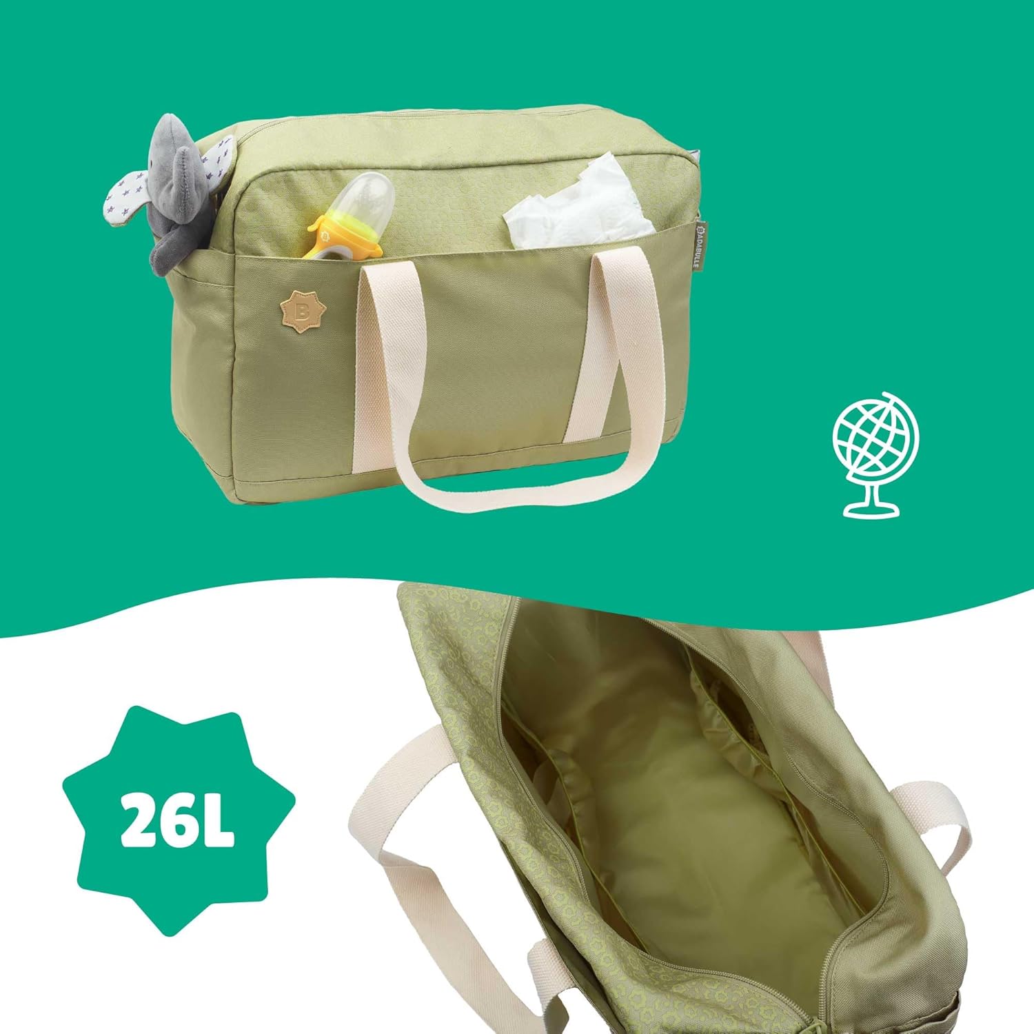 Olive baby changing bag by Badabulle featuring spacious interior and practical pockets for parents on the go