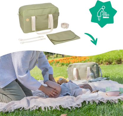 Olive baby changing bag by Badabulle with changing mat, perfect for on-the-go parents