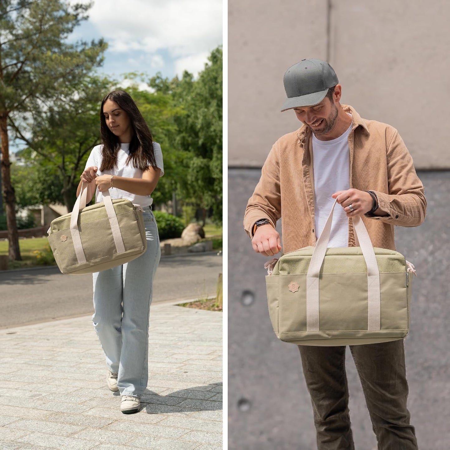 Stylish olive baby changing bag with spacious compartments for parents on the go