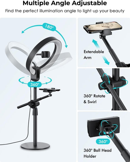 Adjustable overhead ring light with phone holder and extendable arm for perfect lighting angles