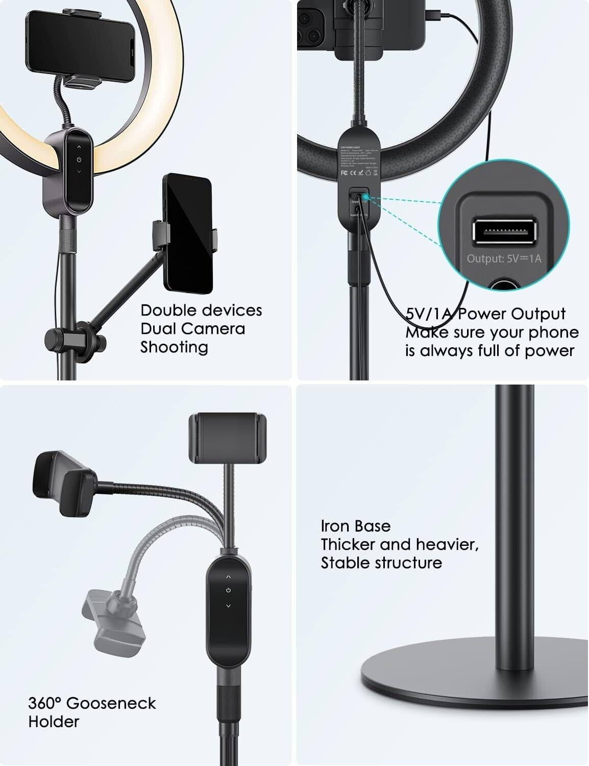 Overhead ring light with phone holder showcasing dual camera shooting and USB power output