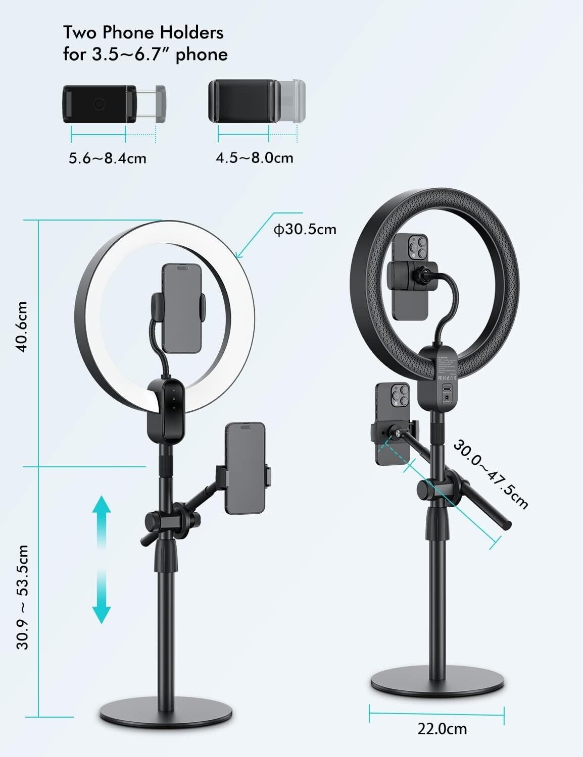 Overhead ring light with phone holder featuring adjustable height and two phone holders for versatility