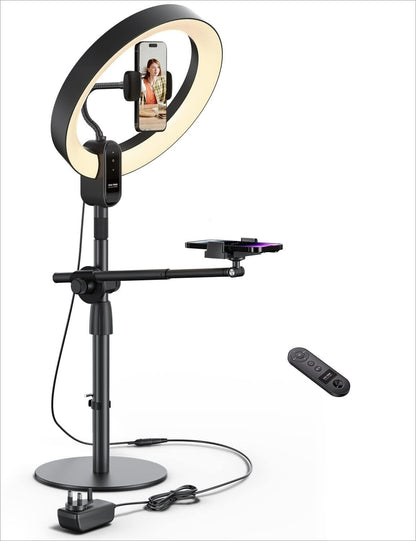 Adjustable overhead ring light with phone holder and remote control for enhanced video quality