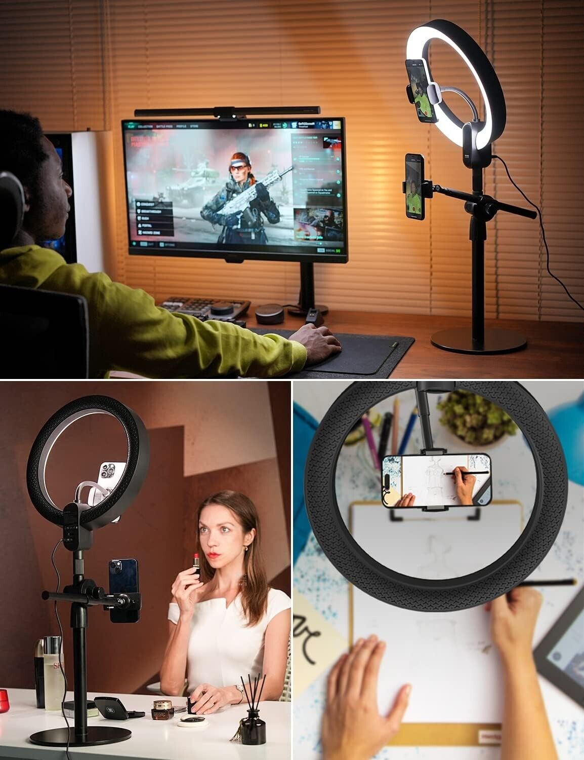 Three images of an overhead ring light with phone holder used for gaming and video calls