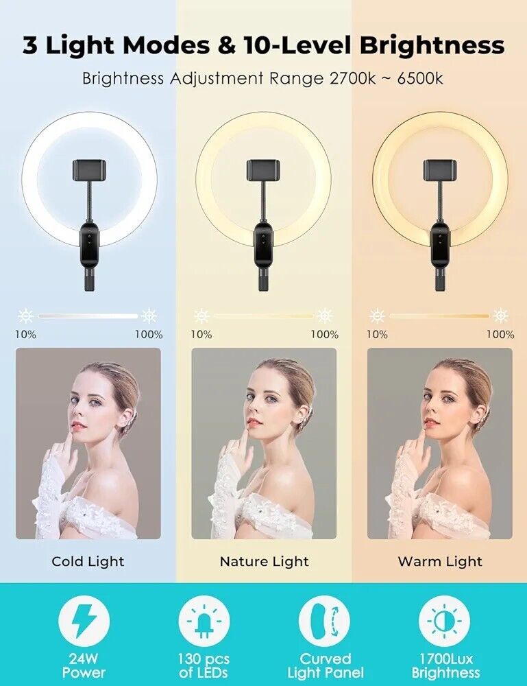 Overhead ring light with phone holder showcasing 3 light modes and 10-level brightness options