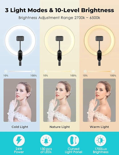 Overhead ring light with phone holder showcasing 3 light modes and 10-level brightness options