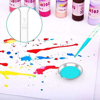 Diyesmart paint tray set with stirrers and pipettes on a colourful art background