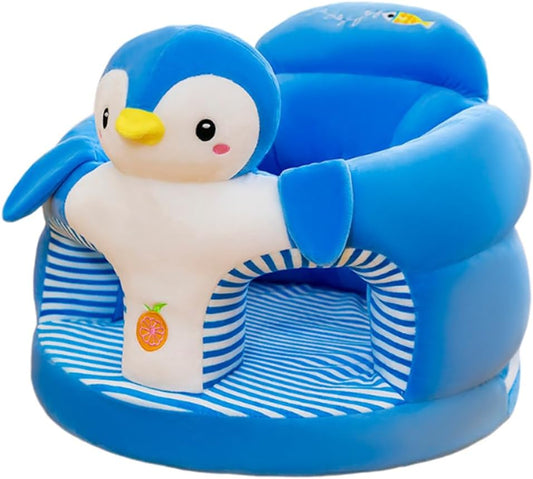 Cute penguin baby seat in blue with soft plush design and striped seat for infants