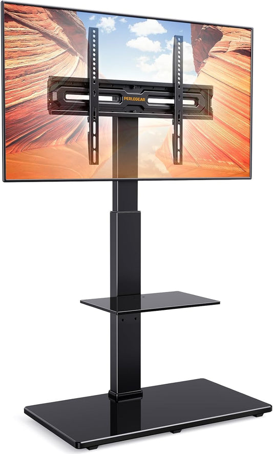 Perlegear floor stand for 30-70 inch TVs with adjustable height and glass shelf for media devices