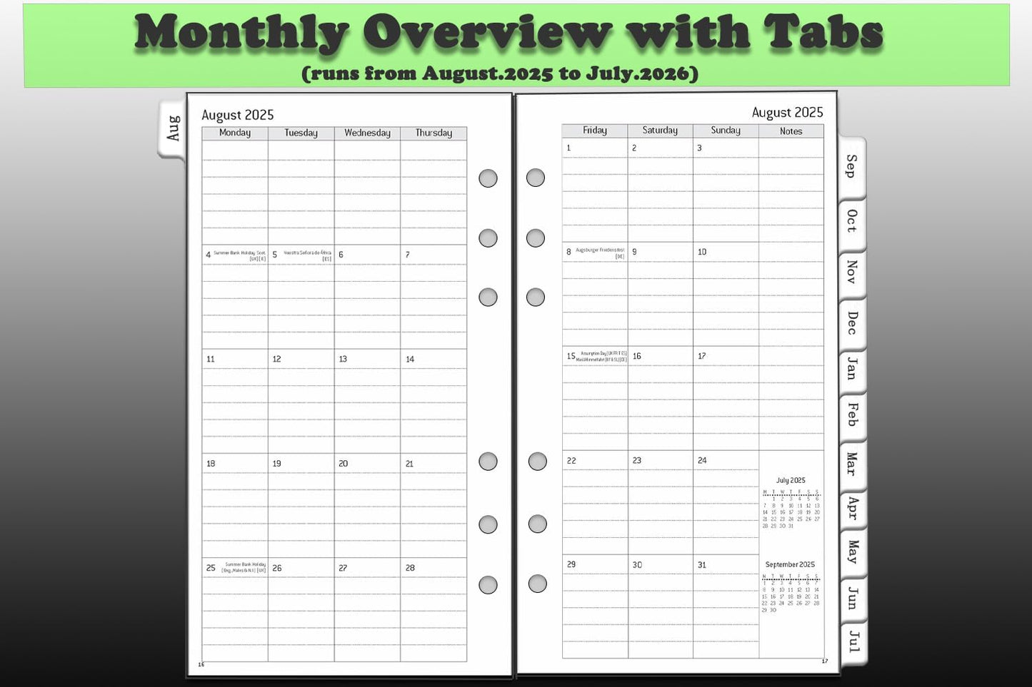 YHH personal diary refill 2025 2026 with monthly overview and tabs for easy navigation