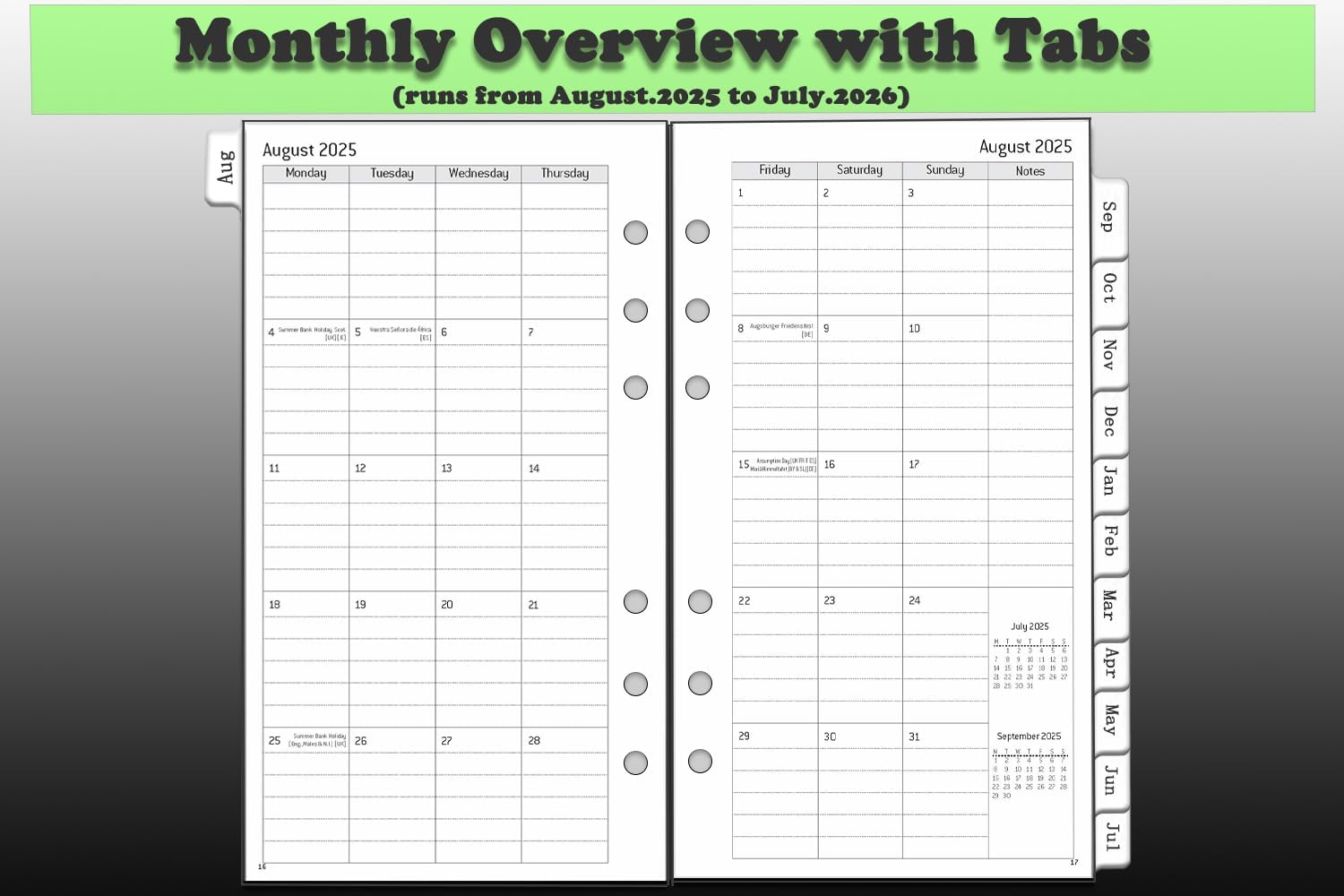 YHH personal diary refill 2025 2026 with monthly overview and tabs for easy navigation