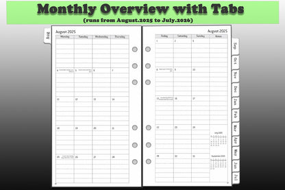 YHH personal diary refill 2025 2026 with monthly overview and tabs for easy navigation