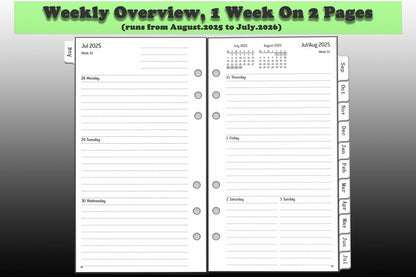 YHH personal diary refill 2025 2026 featuring a weekly overview layout for planning purposes