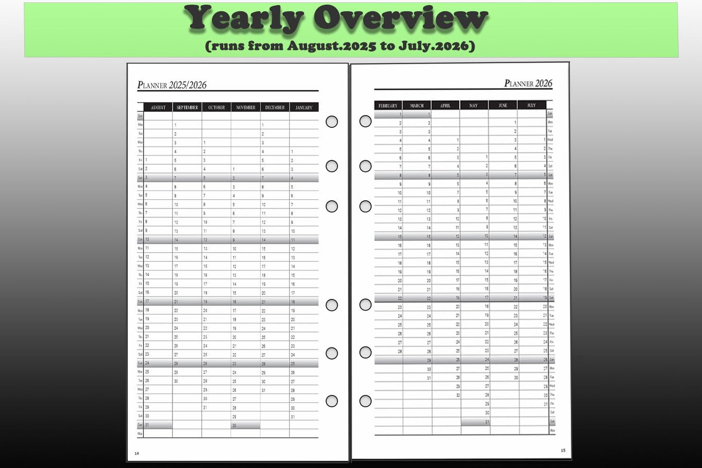YHH personal diary refill 2025 2026 with detailed yearly overview from August 2025 to July 2026