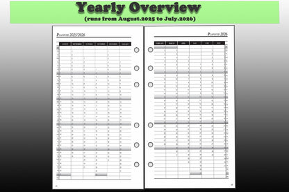 YHH personal diary refill 2025 2026 with detailed yearly overview from August 2025 to July 2026