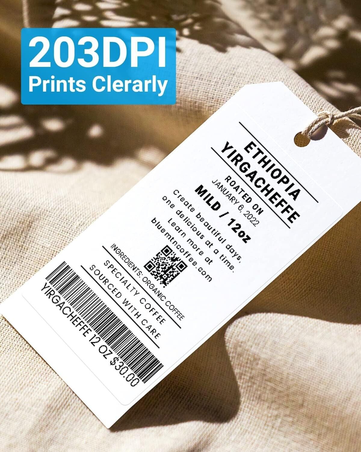 Phomemo M220 portable barcode printer showcasing a clearly printed coffee tag with 203 DPI resolution