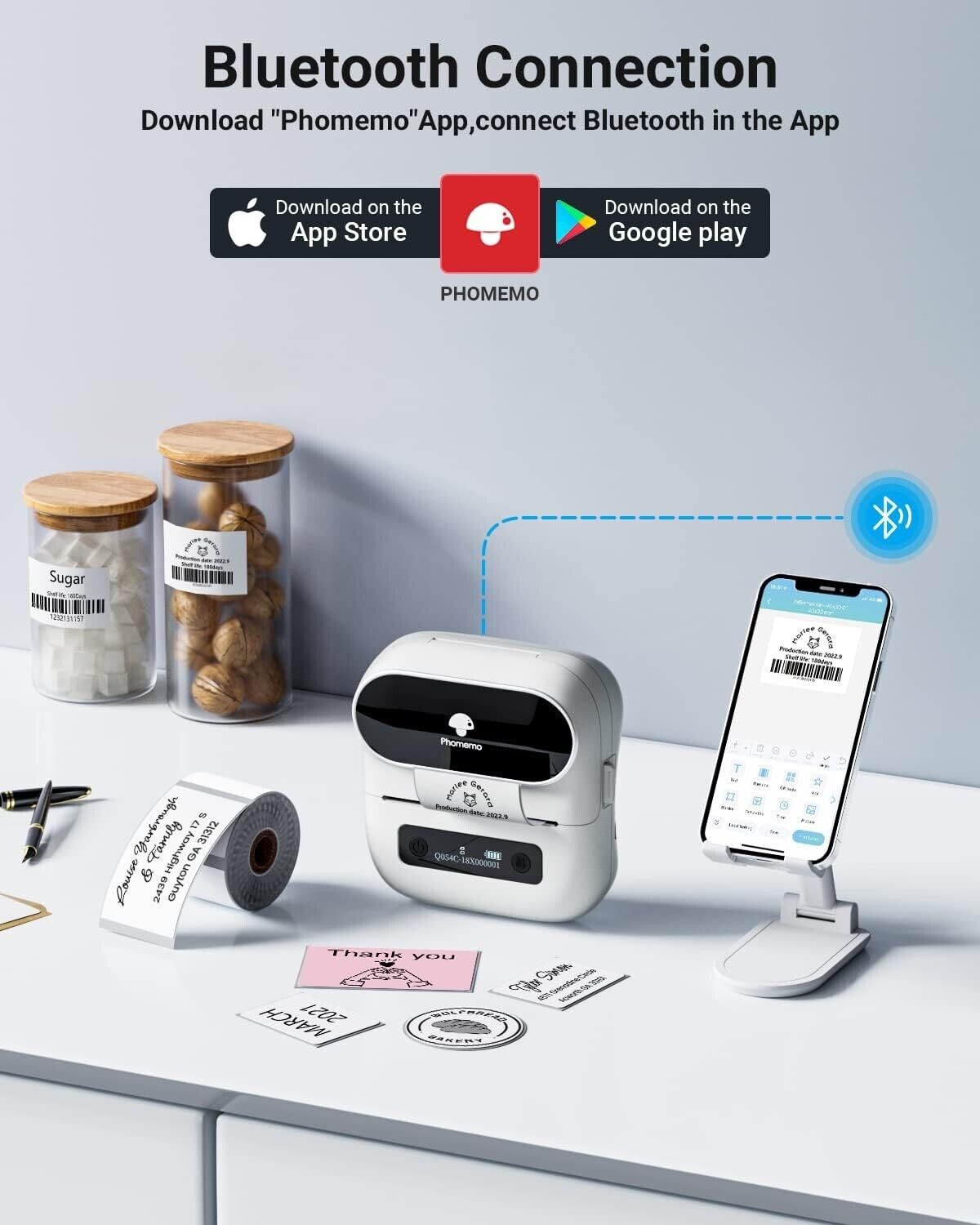 Phomemo M220 portable barcode printer with Bluetooth connection and smartphone app for easy label printing