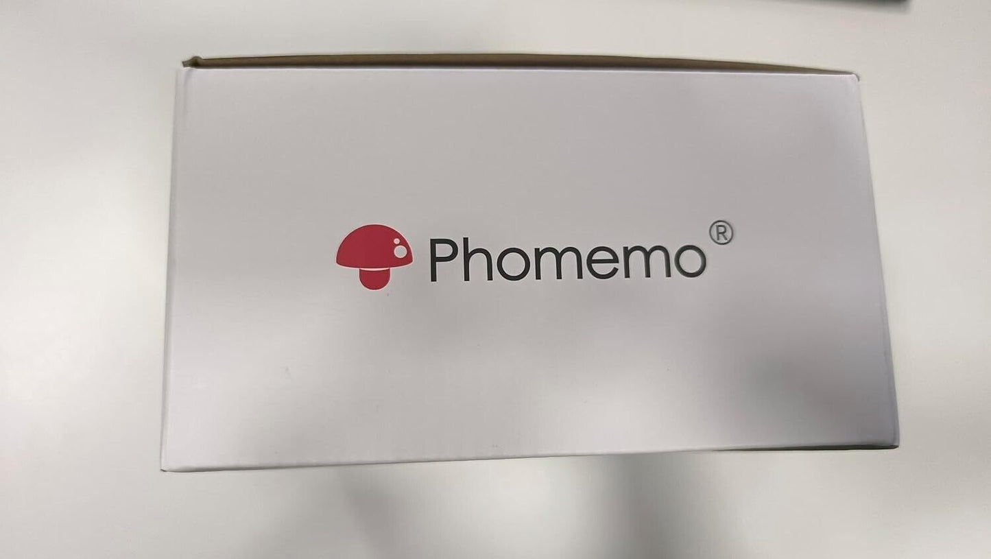 Phomemo M220 portable barcode printer packaging featuring the Phomemo logo on a white box