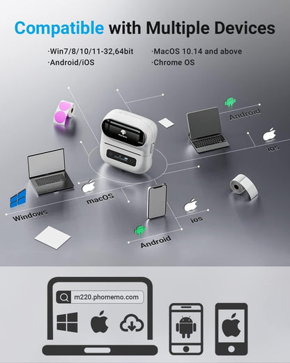Phomemo M220 portable barcode printer with compatibility for various devices including Windows, macOS, and Android