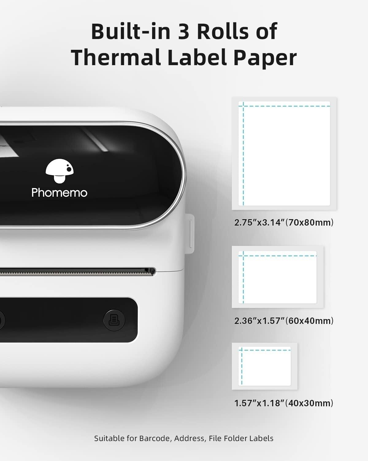 Phomemo M220 portable barcode printer with built-in three rolls of thermal label paper for easy labelling