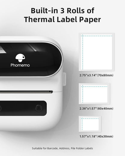 Phomemo M220 portable barcode printer with built-in three rolls of thermal label paper for easy labelling