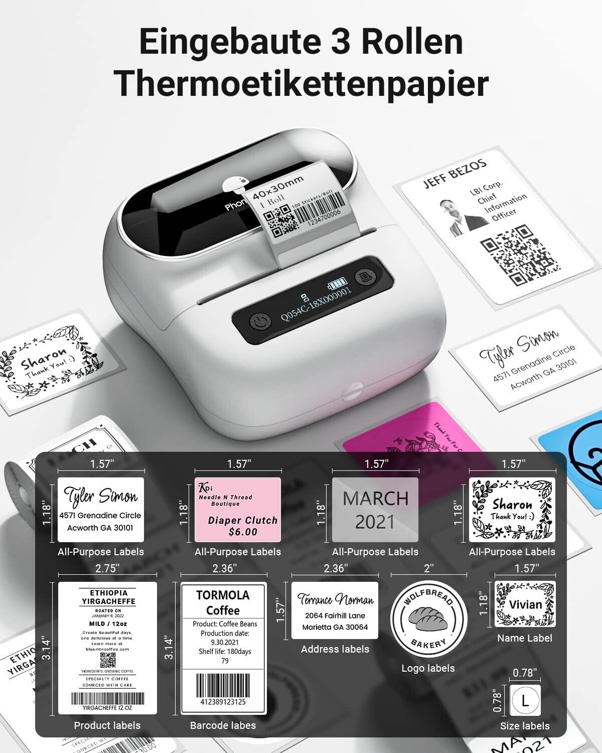 Phomemo M220 portable barcode printer with built-in rolls and various printed labels