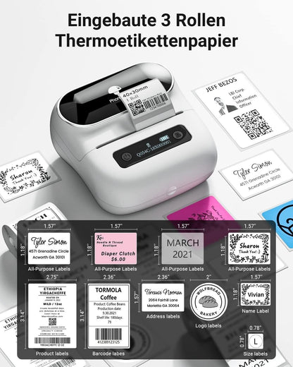 Phomemo M220 portable barcode printer with built-in rolls and various printed labels